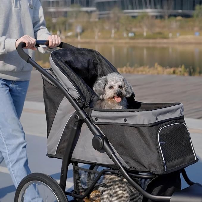 PawHut 3 Wheels Pet Stroller for Small and Medium Dogs, Foldable Cat Stroller Jogger with Adjustable Canopy, Safety Tether, Cushion, Storage Basket, Gray