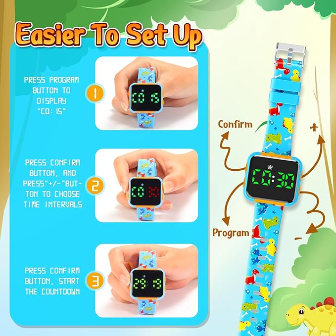 Potty Training Watch for Kids: Water Resistant Potty Watches for Toddler Boys Adjustable Volume Rechargeable Toilet Reminder Dinosaur Toddler Watch Birthday Gifts for 2 3 4 Year Old Boy(Blue)