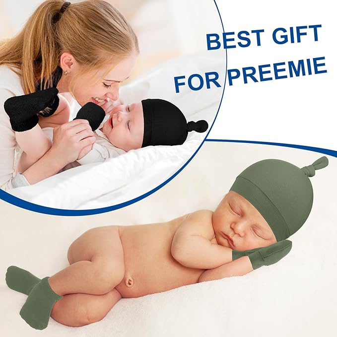 6 Pcs Preemie Hats Mittens and Socks Set Cotton Preemie Cap Knotted Hat No Scratch Warm Terry Socks for Boys Girls