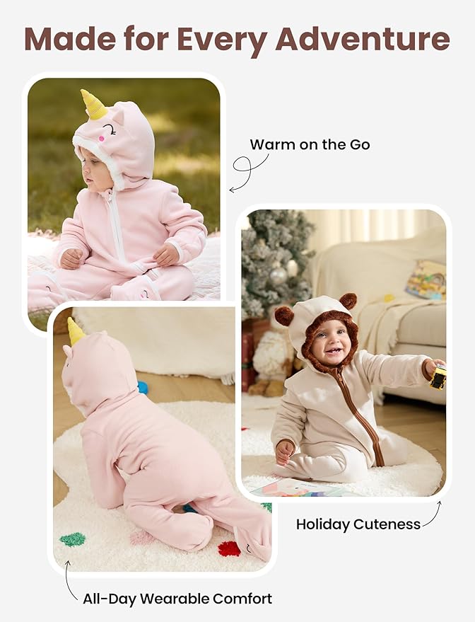 PATPAT Fleece Hooded Footed Romper Clothes, Soft Warm Footie Covers, Car Seat Friendly, Easy Zip, Cute Boy Girl