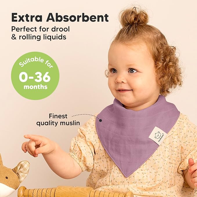 8-Pack Muslin Baby Bibs for Boys, Girls - Muslin Bandana Drool Bibs for Baby Girl & Boy, Drooling Newborn, Teething Toddler, Infant 0-36 Months, 100% Cotton Extra Absorbent & Soft (Lavender)