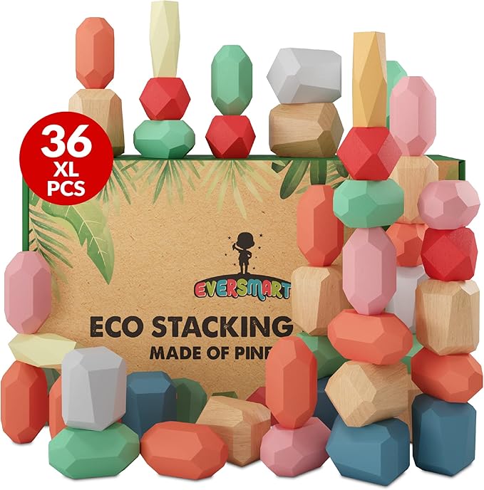 36 Pcs Wooden Stacking Blocks β Montessori Toys for 1 2 3 4 5 6 Year Old Toddlers and Kids, XL Rocks, No Choking Hazard β Sensory STEM Building Stones, for Girls and Boys