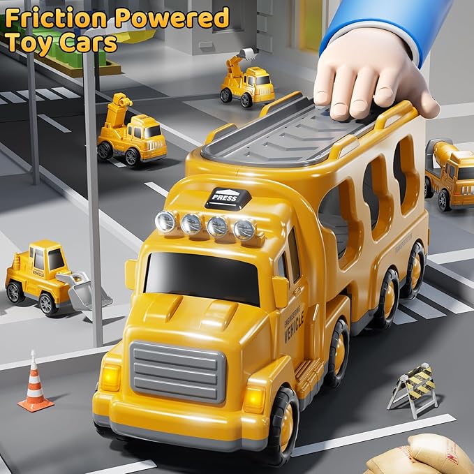 Construction Truck Toys Set for Kids Aged 1 2 3 4 5 6 7 8, Truck Playset with Toy Cars, Light and Sound, Movable Parts Construction Toys for Toddlers, Birthday Gifts for Boys Girls 2-4 4-7