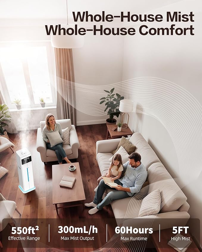 Cool Mist Humidifiers for Bedroom, Ultrasonic 2.4Gal 9L Quiet Top-Fill, Easy Clean with Essential Oil Tray, 360°Nozzle, 4 Speed, Remote, 60H Runtime, for Baby, Adults, Plants, Home, House, Large Room