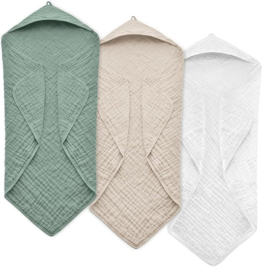 Hooded Baby Towels for Newborn, 35x35 Inch 3 Pack 100% Muslin Cotton Baby Bath Towel, Soft Baby Beach Towels with Hood for Infants, Toddlers and Kids, Essentials Must Haves