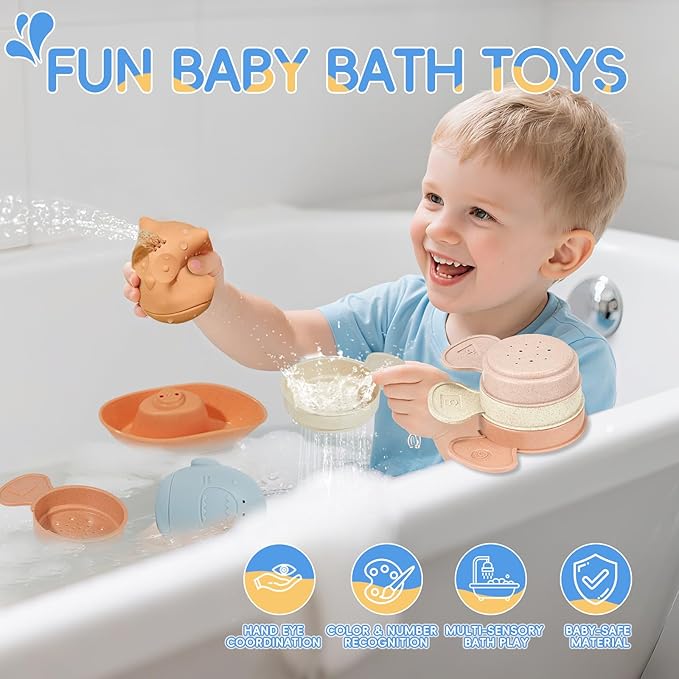 Baby Bath Toys for Kids Ages 1-3,16 Pack Toddlers Bath Toy for 2-4 Mold Free Stackable Boats & Spoons, Easy-Clean & Squeezable Silicone Bath Toys for Babies 6-12 Months Bathtub Water Pool Toys