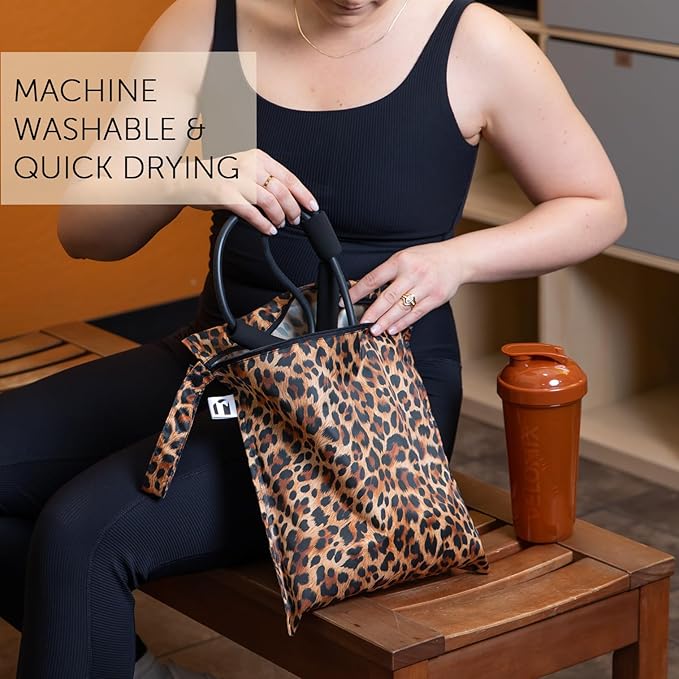 Roamio Waterproof Wet Bag for Baby, Travel, Swim Suit, Cloth Diaper, Pump Parts, Pool, Gym Clothes, Beach, Toiletry, Hook to Stroller, Daycare, Zipper Reusable Bag, Wetdry Packing Pouch, Leopard Print