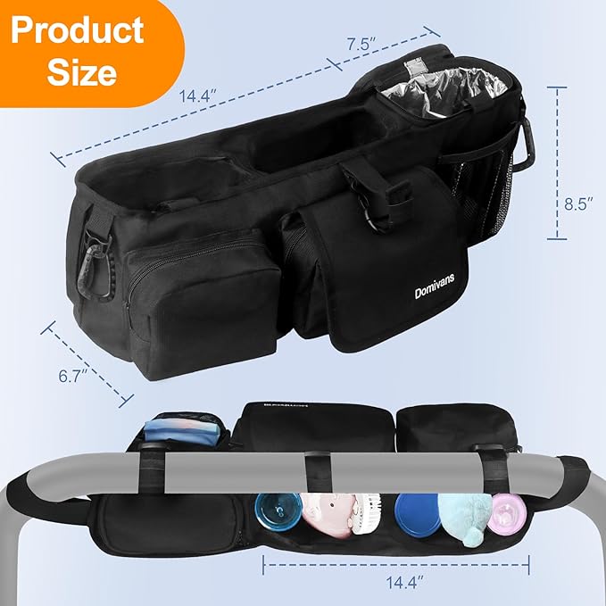 Double Stroller Organizer,Double Stroller Caddy for Bob Duallie and Baby Jogger City Mini GT2,Extra Large Double Baby Stroller Accessories with Cup Holder,Black(Empty Bag)