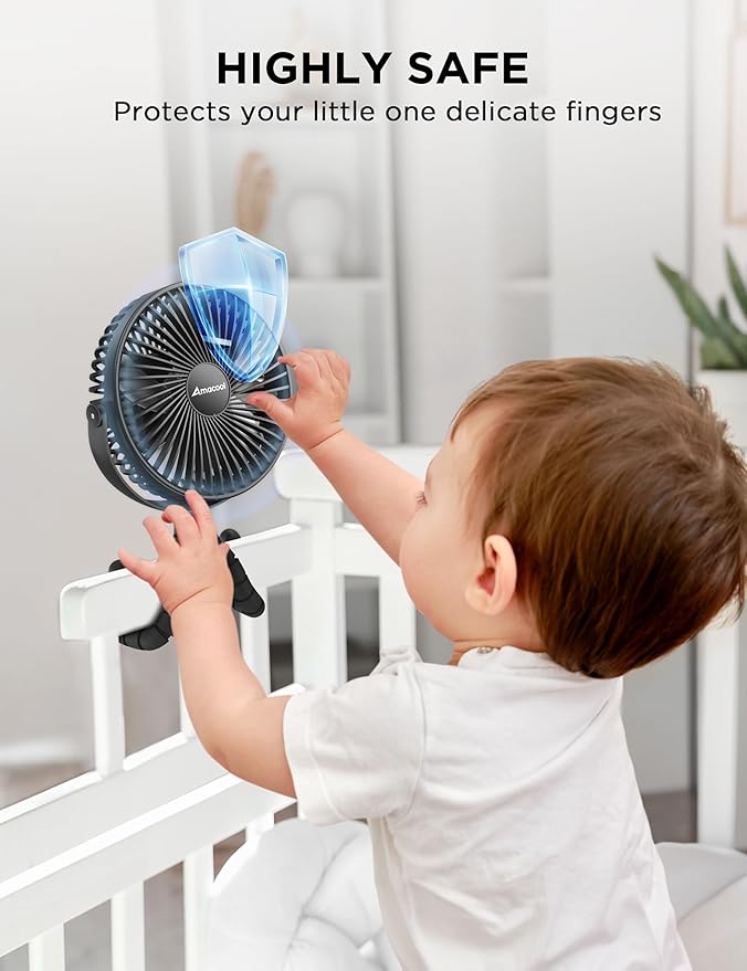 AMACOOL Baby Stroller Fan, 10000mAh Rechargeable, 50H Ultra-long Runtime, 3-Speed Portable Clip on Fan with LED Light, Timer, 360°Rotate Battery Operated Fans for Travel Car Seat Crib