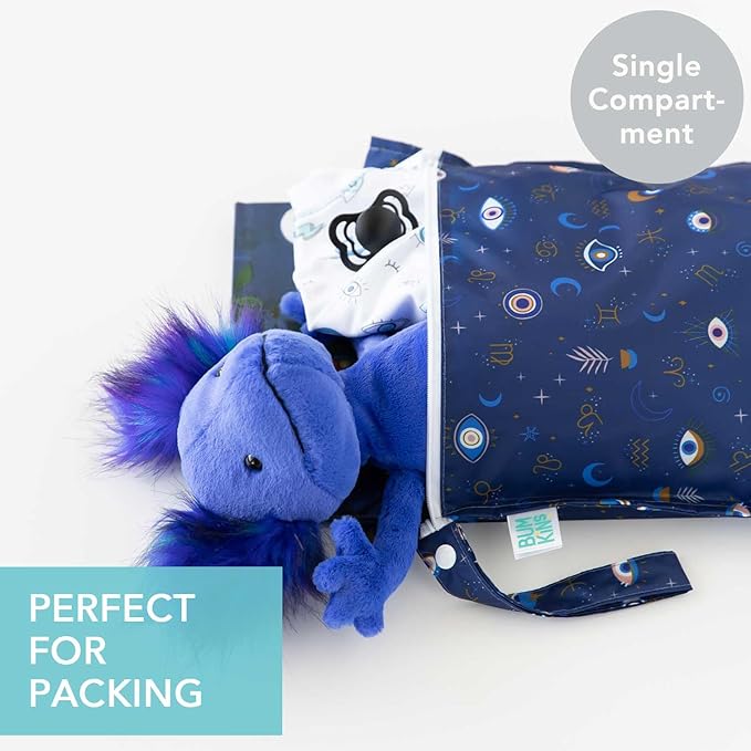 Bumkins Waterproof Wet Bag for Baby, Travel, Swim Suit, Cloth Diapers, Pump Parts, Pool, Beach, Gym Clothes, Toiletry, Hook to Stroller, Daycare, Zipper Reusable Wetdry Packing Pouch, Evil Eye