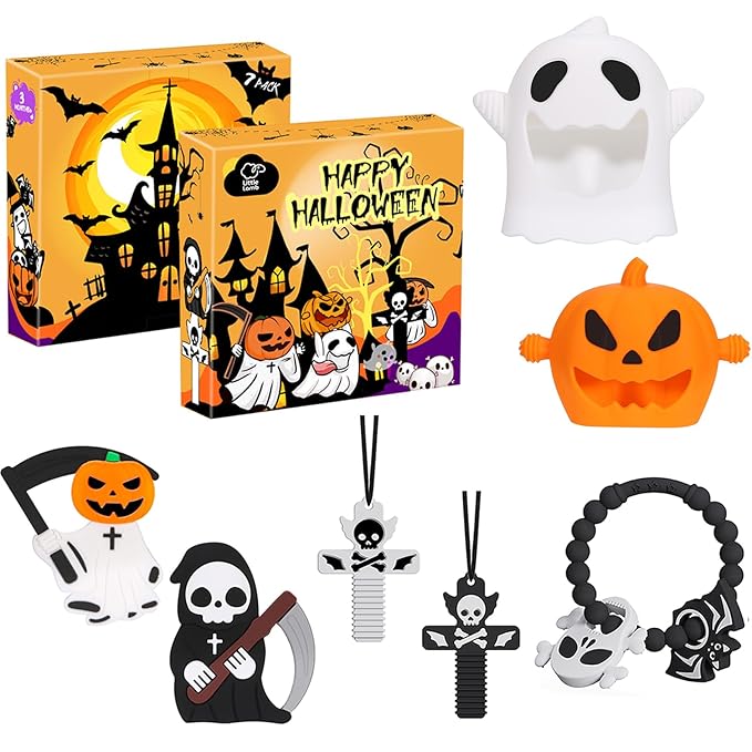Halloween Baby Teething Toys Set 7Pack: Teething Mittens, Ring & Flat Teethers, Sensory Chew Necklaces – Ideal Gift for Newborns, Infants & Toddlers – Perfect Baby’s First Halloween Basket Stuffer