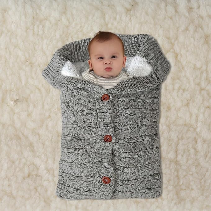 insular Warm Baby Sleeping Bag Envelope Winter Kid Sleepsack Footmuff Stroller Knitted Sleep Sack Newborn Knit Wool Swaddling Blanket (Gray)