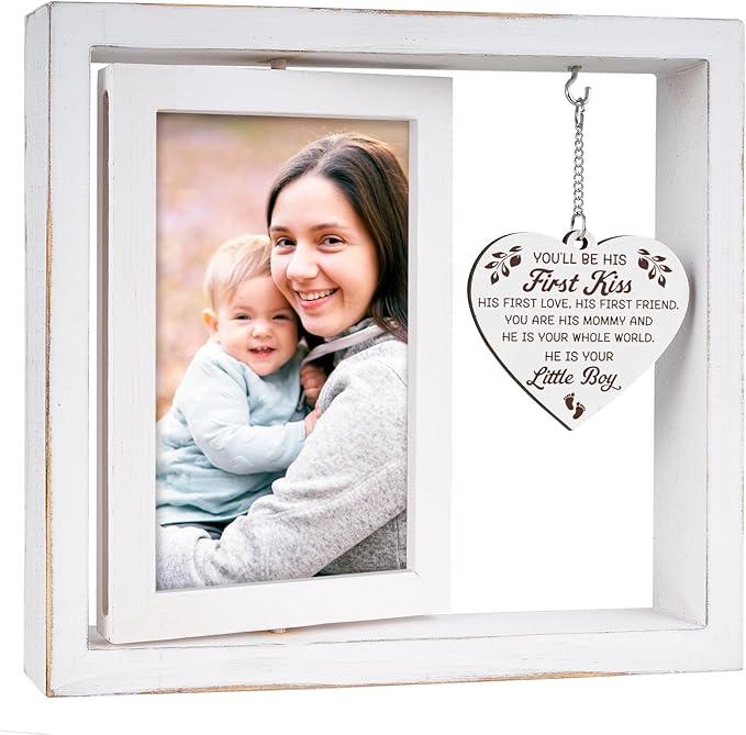 New Mom Gifts, Boy Mom Gifts - "You'll Be His First Kiss" Picture Frame Nursery Decor, Gift for Mother to Be, Baby Shower, Birthday, Mother's Day - Vintage Style Rotating Photo Frame 4x6