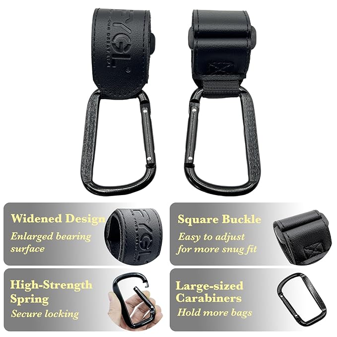 Stroller-Hooks - Adjustable Stroller Carabiner Clips, Universal Stroller Clips and Hooks for Parents and Travelers - Ideal Stroller Accessories for Shopping, Travel, and Baby Gear - Black, 2 Pack