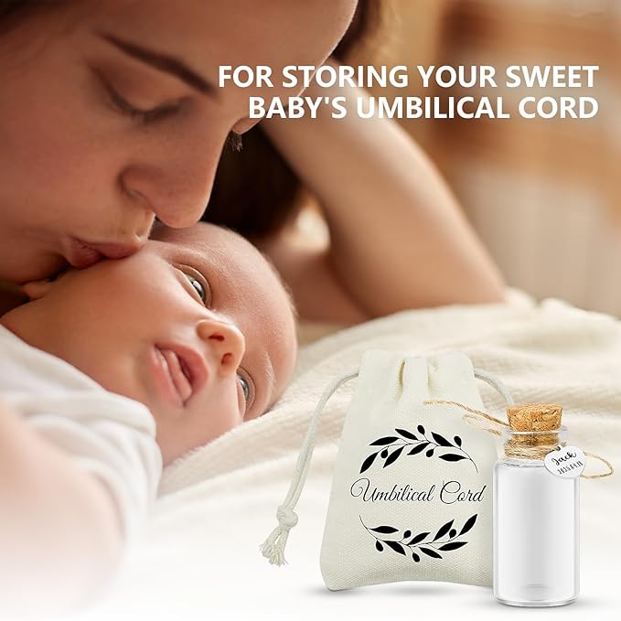 Umbilical Cord Keepsake Glass Bottle with Cork, Jar for Umbilical Cord/fetal Hair Storage and Memorial, Gift for Newborn Christening Baby Shower, Comes with Gift Bag (Customized)