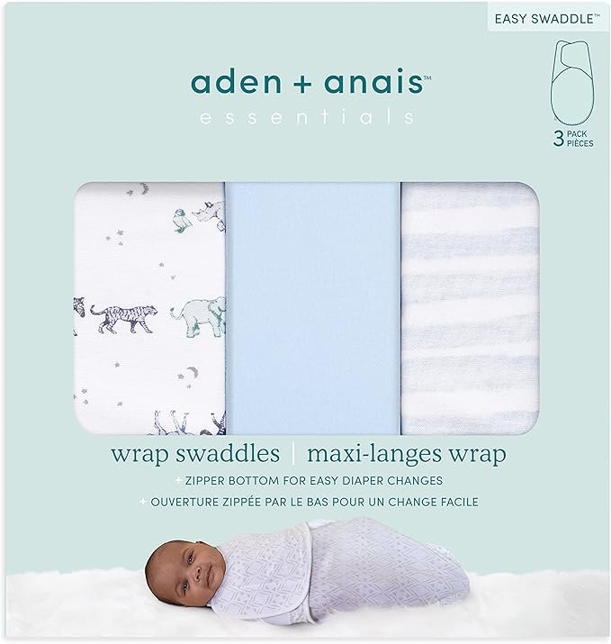 aden + anais Essentials Easy Swaddle Wrap Quick Change with Bottom Zipper, Snug Cotton Knit Baby Wrap Swaddle Blanket for Newborns, TOG 1.0, 3-Pack, Rising Star, 0-3 Months, Small/Medium