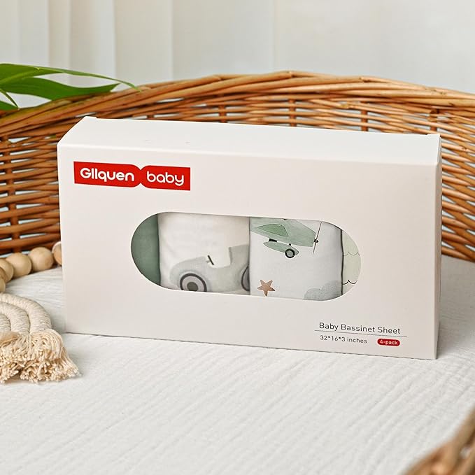 Gllquen Baby Bassinet Sheets 4 Pack, Breathable Cozy Fitted Mattress Sheet, Elastic Travel Crib Fashionable Pattern, Standard Cradle Safe Sheets for Baby Boys Girls 32"x16" (Car)