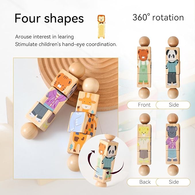 Promise Babe Wooden Animal Puzzle Toy for Toddlers 1-3, Rotating Spin Twist Blocks Set of 2, Learning Educational Montessori Toy Gifts for Kids Boys Girls, Giraffe & Brown Bear