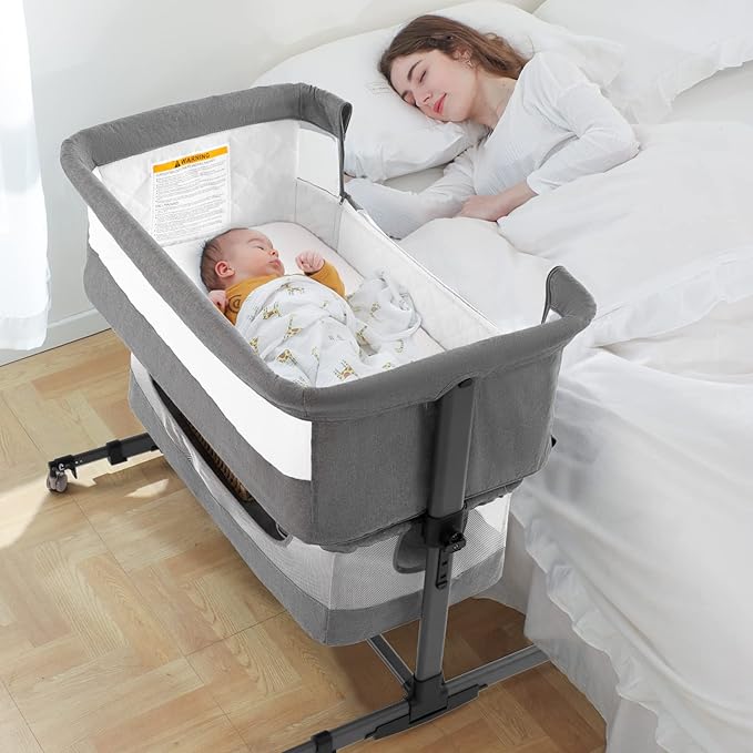 Ihoming Bassinet Bedside Sleeper for Baby, 3 in 1 Convertible Design, lnfant Bed Side Sleeper & Cradle Bassinets, Newborn Bedside Crib Attaches to Bed, Deep Grey