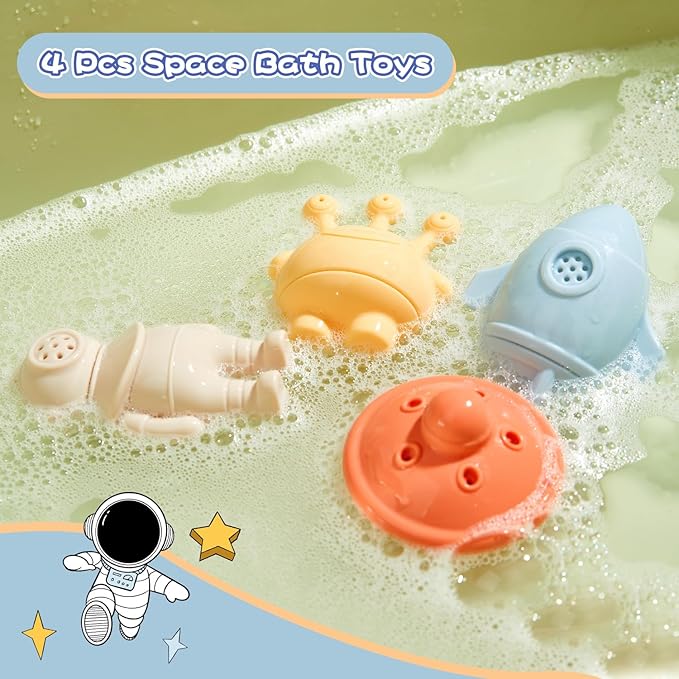 Bath Toys, Space & Rocket 4 Pack | Dishwasher-Safe & Mold Free Silicone Bath Toys | Soft, Squeezable & Float on Water | Soft & Easy-Grip Baby & Toddler Bath Toy Set | Baby Pool Toys