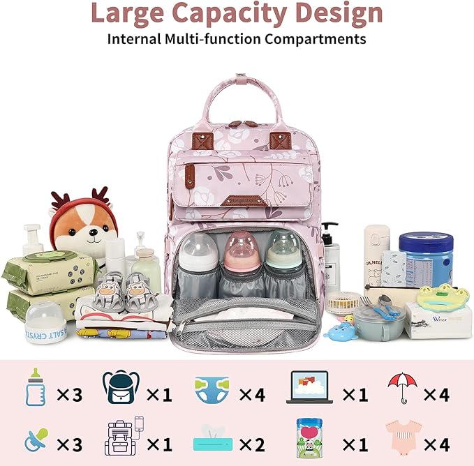 Diaper Bag Backpack for Baby Girl, Multifunction Waterproof Diaper Bag for Mom Dad, Large Pink Floral Baby Diaper Bags, Baby Essentials Travel Bag with Stroller Straps, Large Capacity, Stylish
