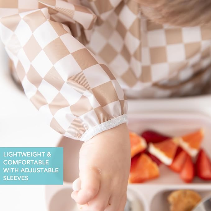 Bumkins - Sleeved Bib - For Boys & Girls, Babies & Toddlers 6-24 Months - Lightweight, Durable, Waterproof - Long Sleeve Bib - Catch-All Pocket - Wipeable & Machine Washable - Checks & Palms - 2 Pack