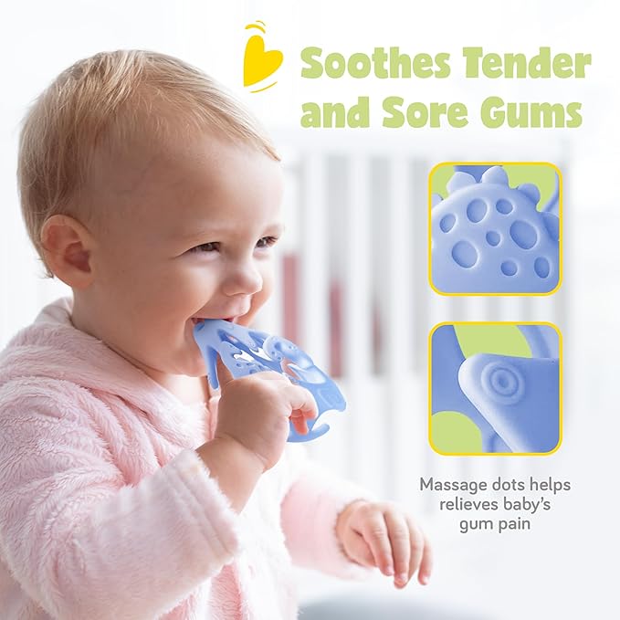 Dinosaur Teething Toys: Lightweight Soft Silicone Sensory Toys - Textured for Babies 0-18 Months - Easy to Clean, BPA-Free - Blueberry Blue