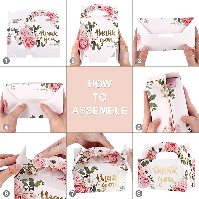 SOSFKIM Gable Treat Boxes Large 12 Pack - Floral Party Favor Boxes Bulk Embossed Gold Foil - Goodie Gable Boxes for Baby Shower, Wedding, Birthday 6.3x3.5x3.5 Inch