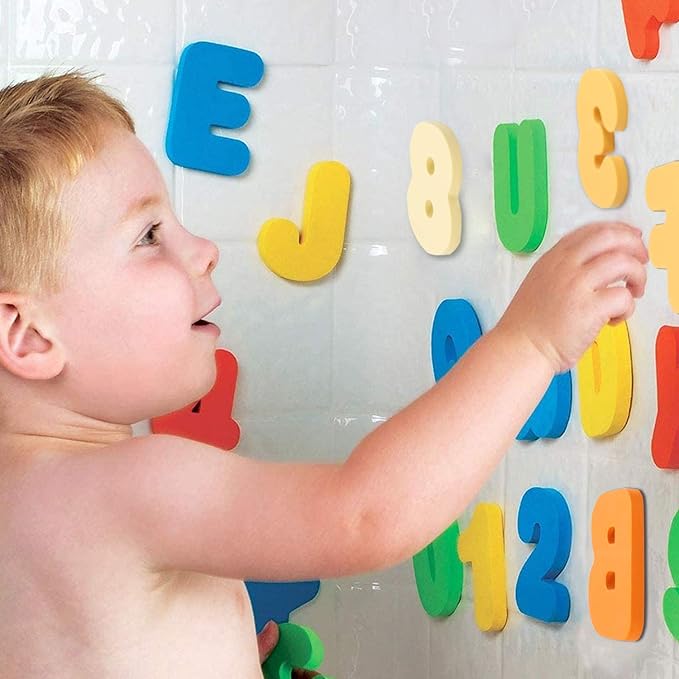 Bath Toys Organizer + 36 Soft Foam ABC 123 Letters & Numbers Bathroom Alphabet Baby Toys for Early Learning Foam Letters and Quick Dry Storage Net Bag