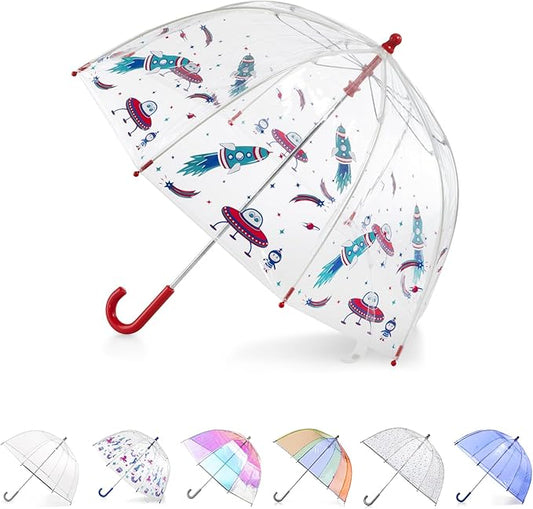 totes Kids Clear Bubble Umbrella with Dome Canopy, Lightweight Design, Wind and Rain Protection Umbrella, Cosmic Adventure, Kids - 38" Canopy