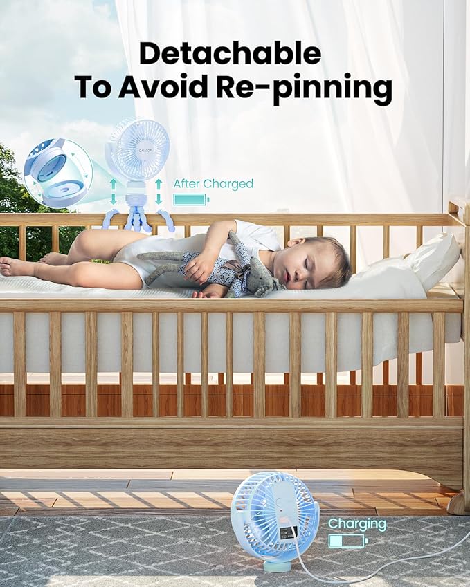 Gaiatop Mini Portable Stroller Fan, Battery Operated Small Clip on, Detachable 3 Speed Rechargeable, 360° Rotate Flexible Tripod Better Cooling for Car Seat Crib Treadmill Travel Blue