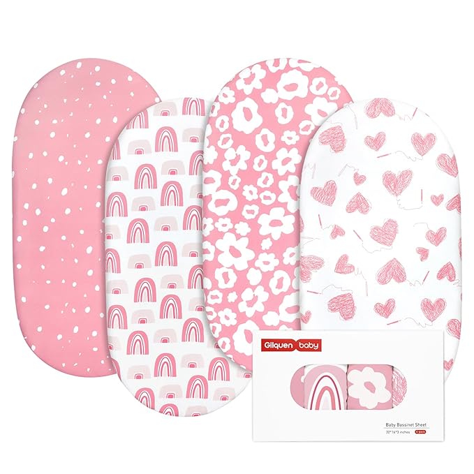 Gllquen Baby Bassinet Sheets 4 Pack, Breathable Cozy Fitted Mattress Sheet, Elastic Travel Crib Fashionable Floral Pattern, Standard Cradle Safe Sheets for Baby Boys Girls 32"x16"(Love)