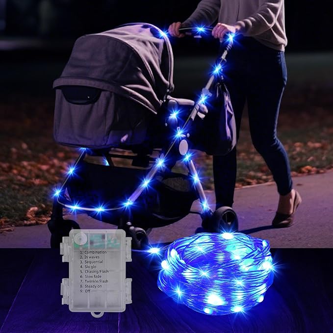 16.4FT Durable Baby Stroller Lights for Walking at Night, Make The Stroller Visible, with Cable Ties, LED Lights for Stroller Accessories Bikes, Blue