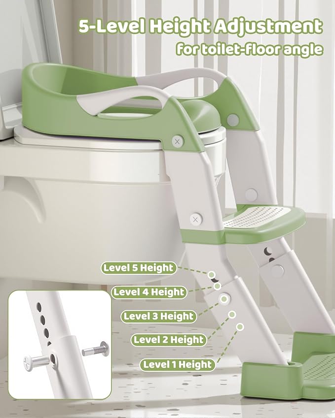 3-in-1 Potty Training Seat & Training Toilet & Potty Chair, Height Adjustable Toddler Toilet Seat for Kids Boys Girls, Foldable Potty Training Toilet with Splash Guard and Anti-Slip Steps (Green)