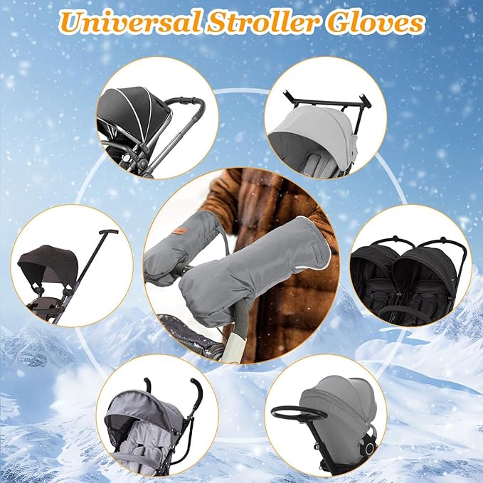Zooawa Stroller Gloves, Universal Stroller Hand Muff with Warm Polar Fleece, Baby Stroller Gloves with Vel-cro Design, Waterproof and Snowproof Stroller Mittens for Stroller Accessories, Gray