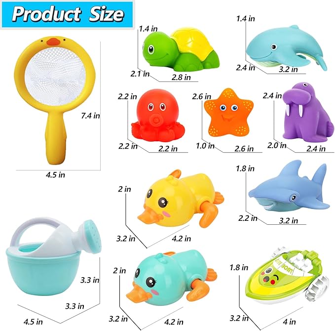 No Hole Bath Toys for Babies 6-12+ Months, Wind-up Swimming Ducks & Boat Bath Toys for Kids Ages 1-3, Baby Pool Toys Fishing Net Water Toys Watering Can, Toddler Bath Toy for 1+ Year Old Boy Girl