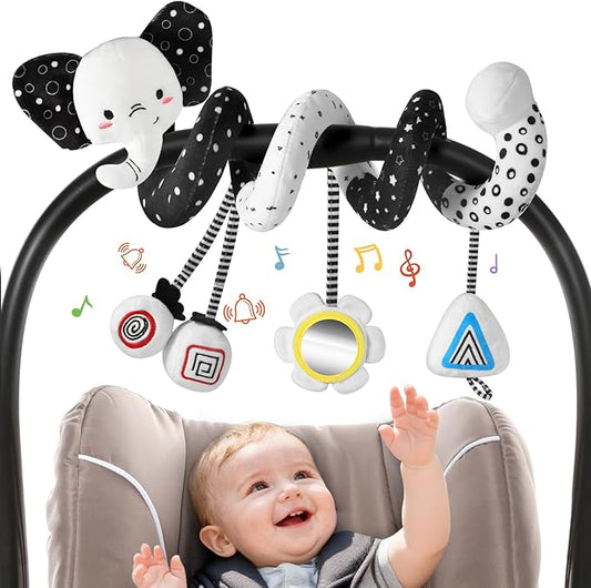 URMYWO Spiral Car Seat Toys for Babies 0-6 Months, Black and White Baby Toys, High Contrast Baby Toys for Newborn, Hanging Toy Fits Stroller, Shower Gift for Boys Girls