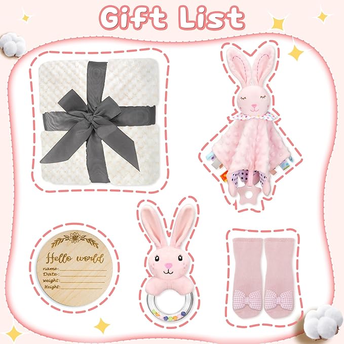 Baby Girl Gifts Newborn Gift Set, Baby Girl Newborn Essentials Gift Basket, Multiple Pieces Baby Girl Gift Basket with Baby Bunny Handbell, Baby Blanket, Keepsake Milestone, Bunny Toy, Baby Socks