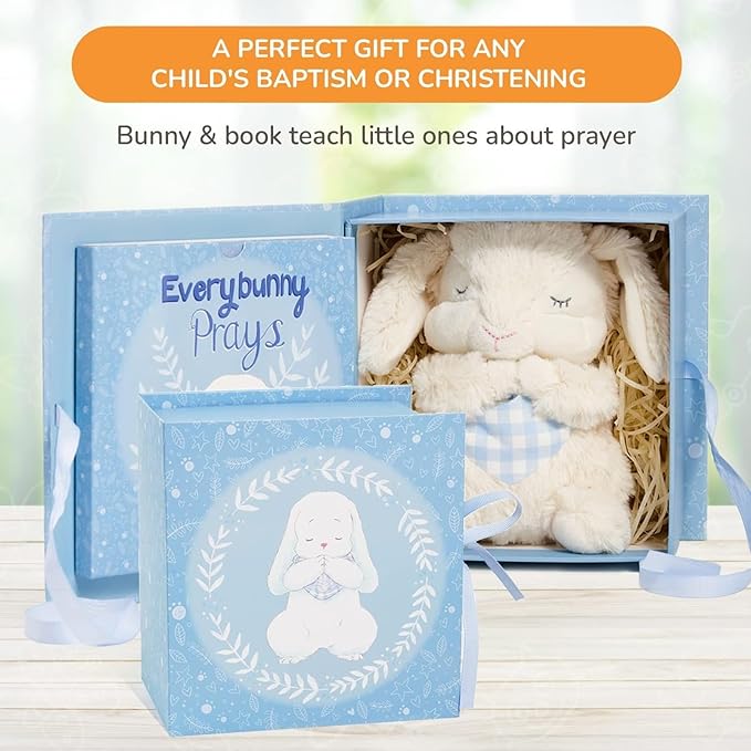 Tickle & Main Everybunny Prays Bunny Stuffed Animal & Musical Toy - Blue, 7 in Plush & Illustrated Book, Recites Now I Lay Me Down to Sleep - Baptism Gifts for Boys - Christening Gifts for Boys