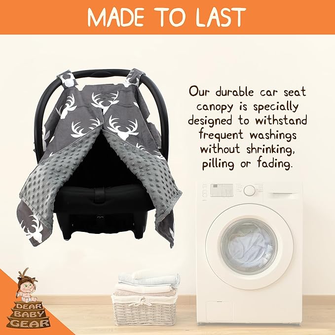Dear Baby Gear - Car Seat Canopy - Baby Carrier Cover - Infant Car Seat Cover - Carseat Covers with Snap Opening - Carseat Canopies for Boys & Girls - 40x30 (White Antlers on Gray, Gray Reverse)