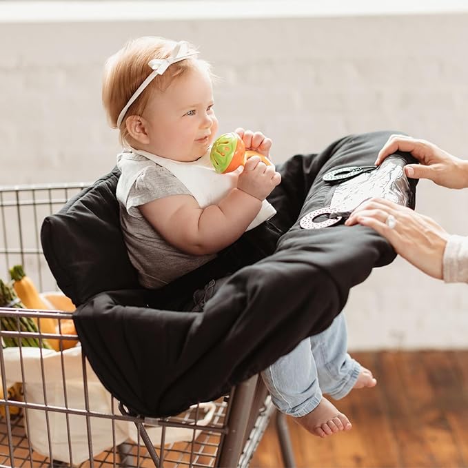 2-in-1 Cushy High Chair Cover and Shopping Cart Cover for Baby, Comfortable Cover for Grocery Cart, Universal Fit Cart Cover for Babies, Includes Storage Pouch - Black