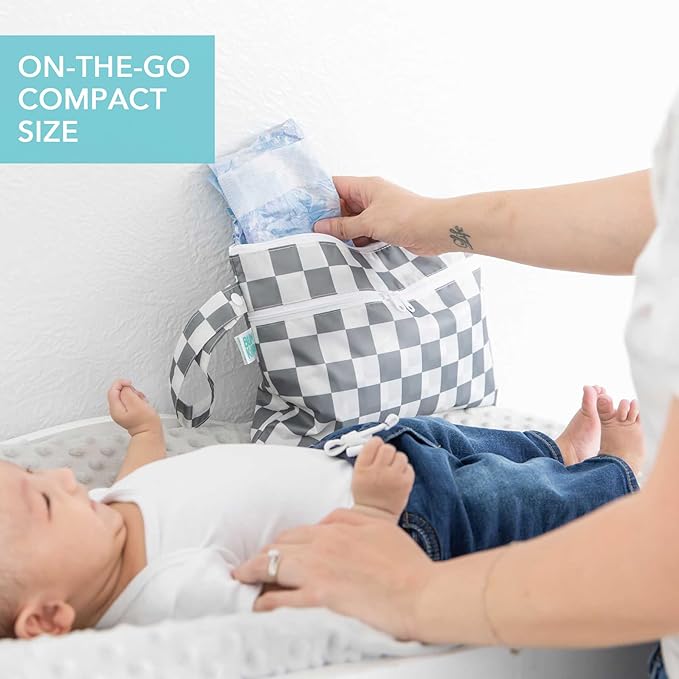 Bumkins Waterproof Wet Dry Clutch Bag for Baby, Travel, Swim Suit, Cloth Diapers, Pump Parts, Pool, Gym Clothes, Toiletry, Strap to Stroller, Daycare, Zip Reusable Bag, Packing Pouch, Gray Check