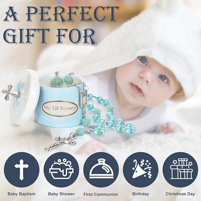 My First Blue Rosary and Keepsake Box, Catholic Baptism Gift for Baby Boy, Christening Set from Godparents, First Communion Rosary, Baby Shower Keepsake Box, Religious Boy Baptism Gifts