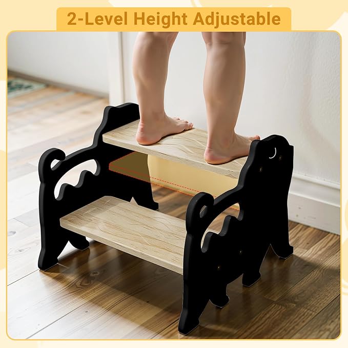 COSYLAND Kids Step Stool for Bathroom - Lovely Cat Potty Training Stool Toddler Step Stool for Toilet - Adjustable Height Kids Stepping Stool with Handle (Natural & Black)