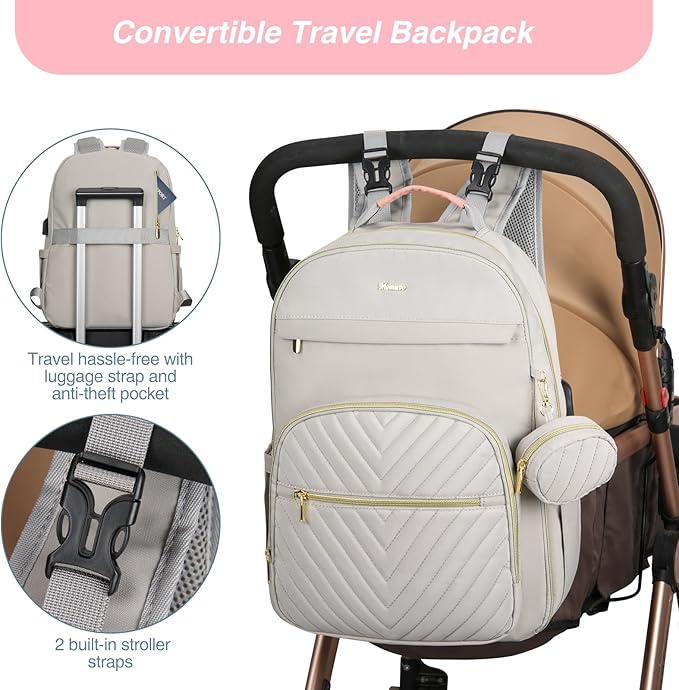 MOMUVO Diaper Bag Backpack, Quilted Baby Bag with Changing Pad and Stroller Straps and Pacifier Case, Multifunction Waterproof Travel Diaper Bags, Unisex, Light Grey and Pink