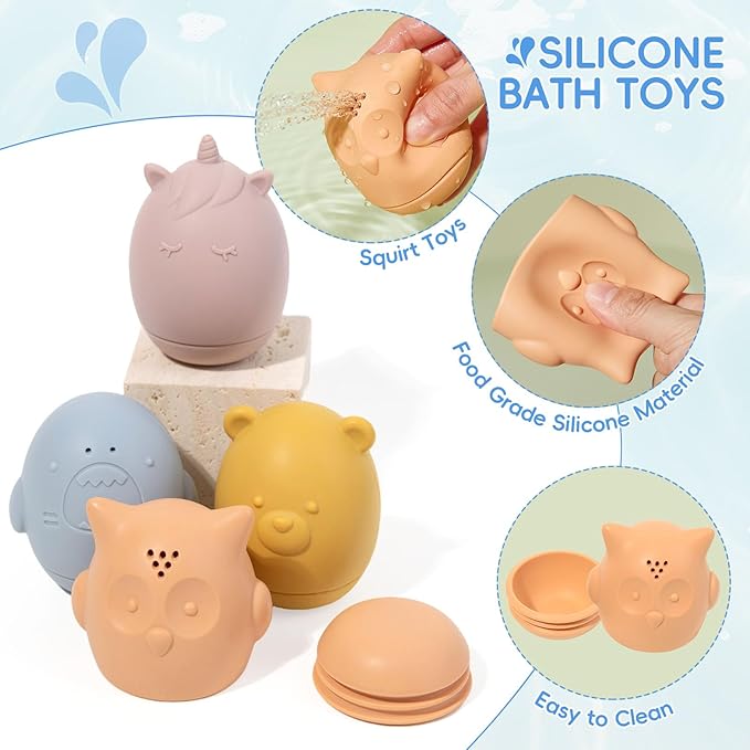 Baby Bath Toys for Kids Ages 1-3,16 Pack Toddlers Bath Toy for 2-4 Mold Free Stackable Boats & Spoons, Easy-Clean & Squeezable Silicone Bath Toys for Babies 6-12 Months Bathtub Water Pool Toys