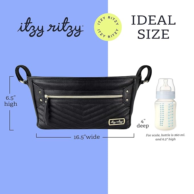 Itzy Ritzy Adjustable Stroller Caddy / Organizer - Stroller Organizer Bag Featuring Front Zippered Pocket, 2 Built-In Interior Pockets & Straps to Fit Nearly Any Model (Black with Gold Hardware)