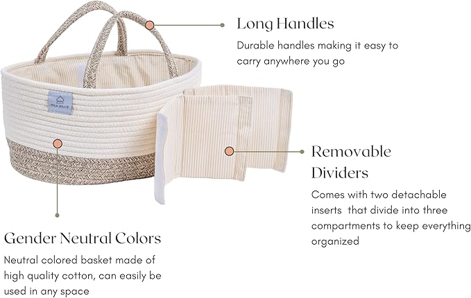 Baby Extra Large Cotton Rope Diaper Caddy, Organizer Storage Bin for Nursery Essentials, 100% Natural Cotton Eco friendly, Organizer with Removable Divider (White & Brown)