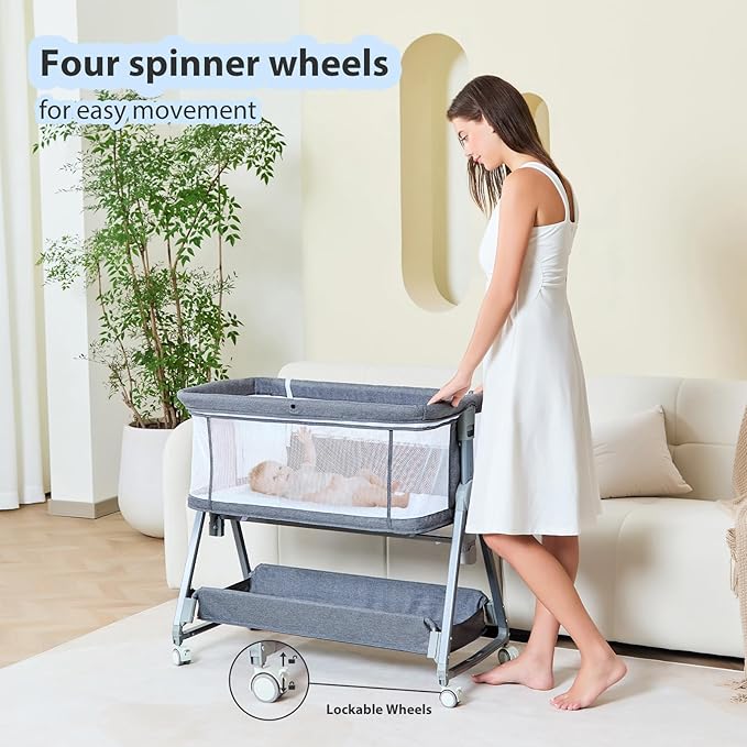 3-in-1 Baby Bassinet Bedside Sleeper with Wheels Bedside Bassinet for Newborn and Infant with Mattress and Storage Basket | Adjustable Height & Angle (13.5-18") | ASTM/CPSIA Certified (Grey)