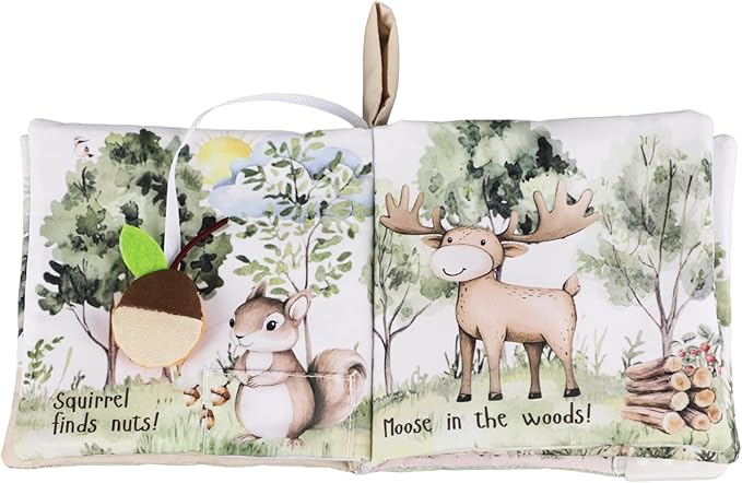 Ali+Oli Baby Cloth Book – Soft Sensory Crinkle Book with Teether for Infants 0-12 Months – Early Learning Touch & Feel Tummy Time Toy – Newborn Shower Gift for Boys & Girls - Forest Friends